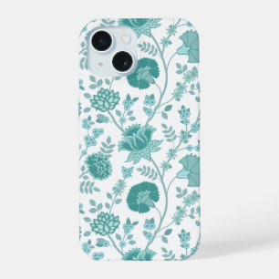 Jacobean Floral Big Pattern Teals op wit iPhone 15 Hoesje