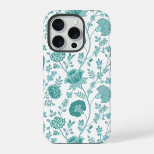 Jacobean Floral Big Pattern Teals op wit iPhone 15 Pro Hoesje