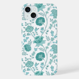 Jacobean Floral Big Pattern Teals op wit iPhone 15 Plus Case