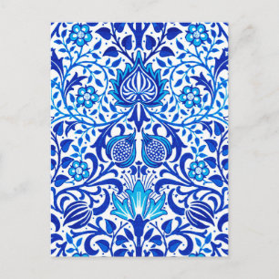 Jacobean Floral Damask, Cobalt Blue en White Briefkaart