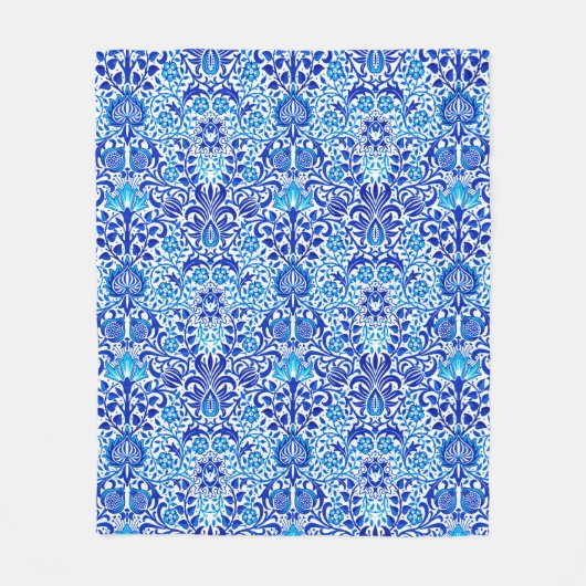 Jacobean Floral Damask, Cobalt Blue en White Fleece Deken (Voorkant)