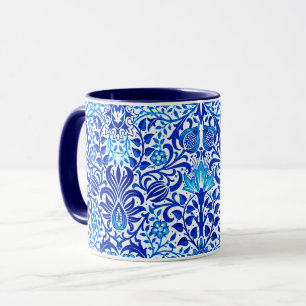 Jacobean Floral Damask, Cobalt Blue en White Mok