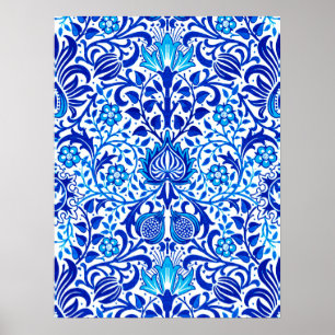 Jacobean Floral Damask, Cobalt Blue en White Poster
