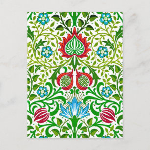 Jacobean Floral Damask, Green en Coral Red Briefkaart