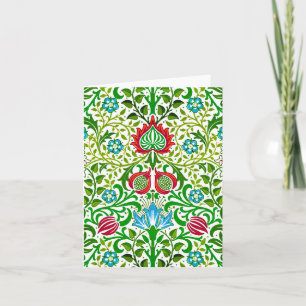 Jacobean Floral Damask, Green en Coral Red Kaart