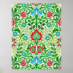 Jacobean Floral Damask, Green en Coral Red Poster