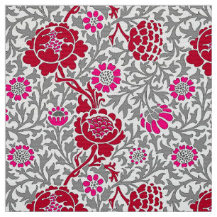 Jacobean Floral, Deep Red Pink en Grey Stof