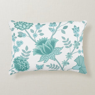 Jacobean Floral Lg Pattern Teals op wit Accent Kussen