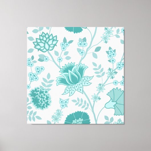 Jacobean Floral Lg Pattern Teals op wit Canvas Afdruk (Voorkant)