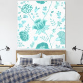 Jacobean Floral Lg Pattern Teals op wit Canvas Afdruk (Insitu (Slaapkamer))