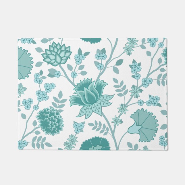 Jacobean Floral Lg Pattern Teals op wit Deurmat (Voorkant)