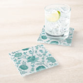 Jacobean Floral Lg Pattern Teals op wit Glazen Onderzetter (Schuin)