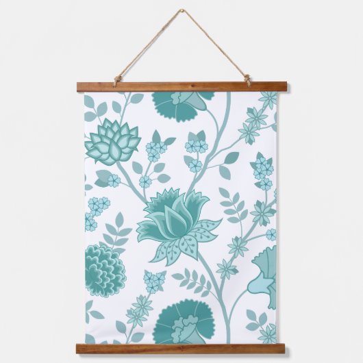 Jacobean Floral Lg Pattern Teals op wit Hangend Wandkleed (Voorkant)