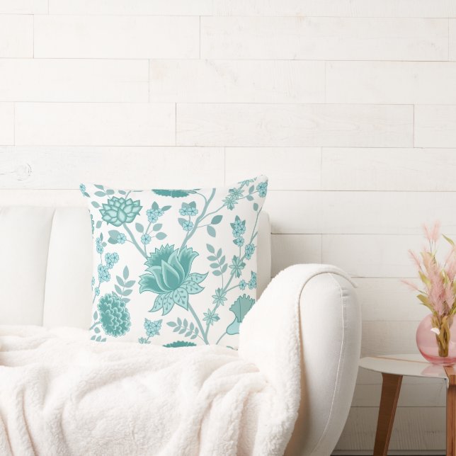 Jacobean Floral Lg Pattern Teals op wit Kussen (Bank)