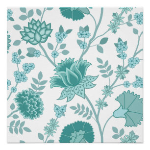 Jacobean Floral Lg Pattern Teals op wit Perfect Poster