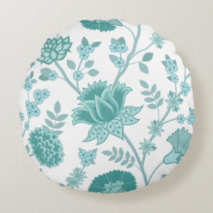 Jacobean Floral Lg Pattern Teals op wit Rond Kussen