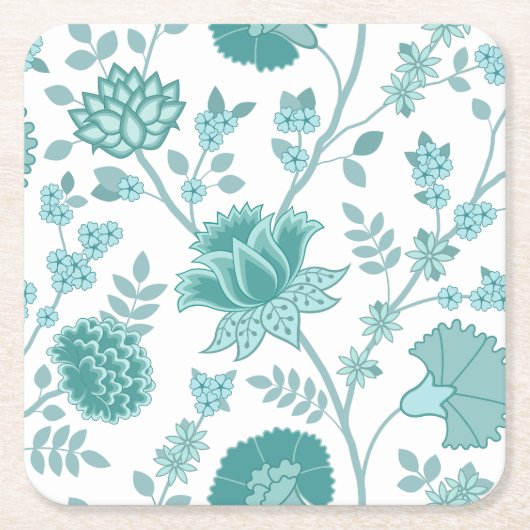 Jacobean Floral Lg Pattern Teals op wit Vierkante Kartonnen Onderzetter (Voorkant)