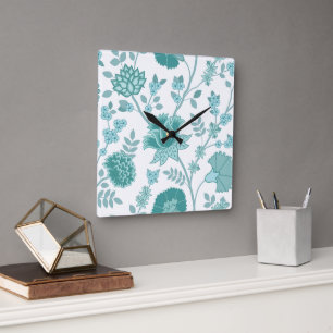 Jacobean Floral Lg Pattern Teals op wit Vierkante Klok