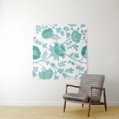 Jacobean Floral Lg Pattern Teals op wit Wandkleed (In Situ (horizontaal))