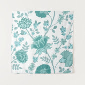 Jacobean Floral Lg Pattern Teals op wit Wandkleed (Voorkant)