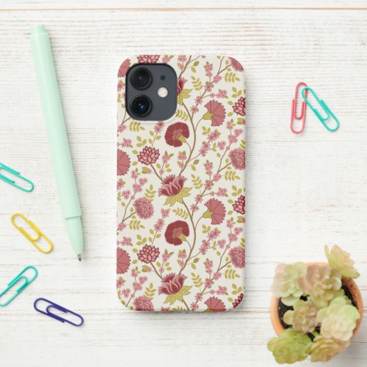 Jacobean Floral Pattern Reds Pinks Gold Cream iPhone Hoesje (Op bureau)