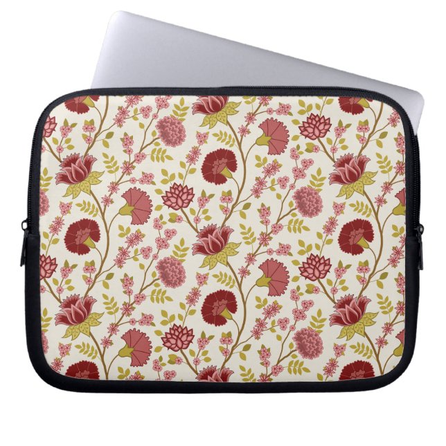 Jacobean Floral Pattern Reds Pinks Gold Cream Laptop Sleeve (Voorkant)