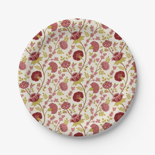 Jacobean Floral Pattern Reds Pinks Gold Cream Papieren Bordje (Voorkant)