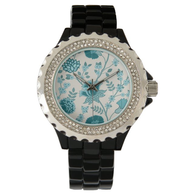 Jacobean Floral Pattern Teals op Cream Horloge (Voorkant)