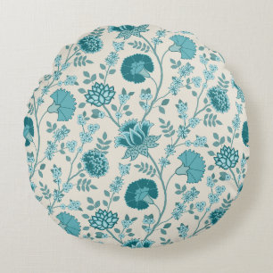 Jacobean Floral Pattern Teals op Cream Rond Kussen