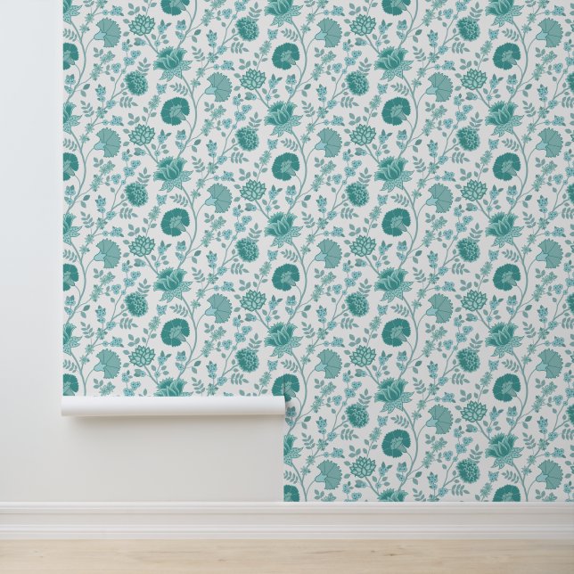 Jacobean Floral Pattern Teals op wit Behang (Applicatie)