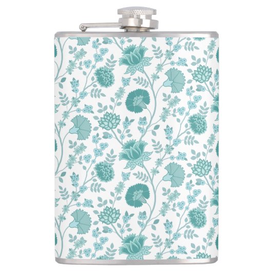 Jacobean Floral Pattern Teals op wit Heupfles (Voorkant)