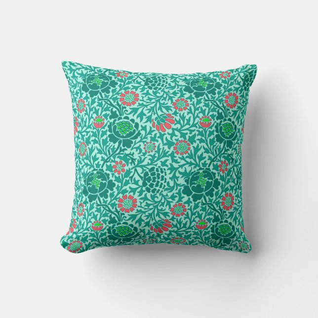 Jacobean Floral, Turquoise, Aqua en Coral Kussen (Voorkant)