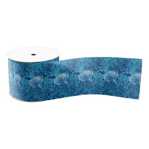 Jacobean Flower Damask, Navy, Sky Blue en White Grosgrain Lint