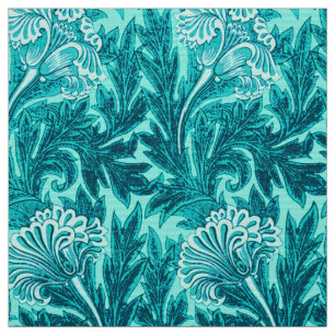 Jacobean Flower Damask, Turquoise en Blauwgroen Bl Stof