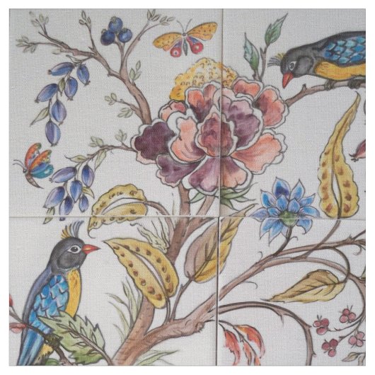 Jacobean Tegel Design Vogel Bloemen Zachte Kleur S Stof (Close Up)