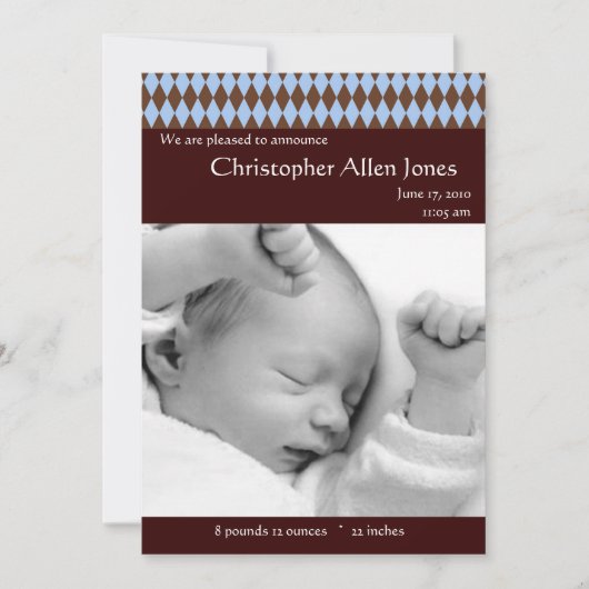 Jacquard bleu et Brown Faire-part de naissance béb (Devant)