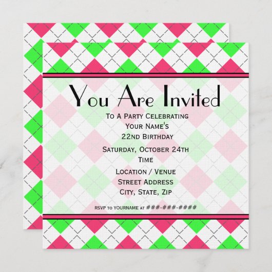 Jacquard rose et vert Invitation d'anniversaire (Devant / Derrière)