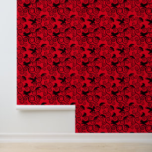 Jacquard Zwart op Rode Raven Gotische Home Decor Behang
