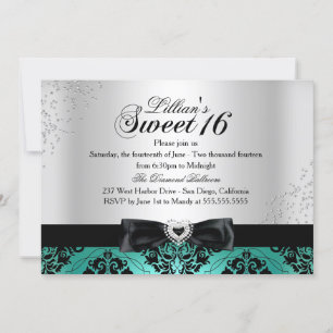 Jade Black Damask Sparkle Sweet 16 Invite Kaart
