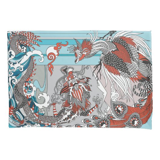Jade Dragon and Gold Phoenix playing with a pearl  Kussensloop (Voorkant)