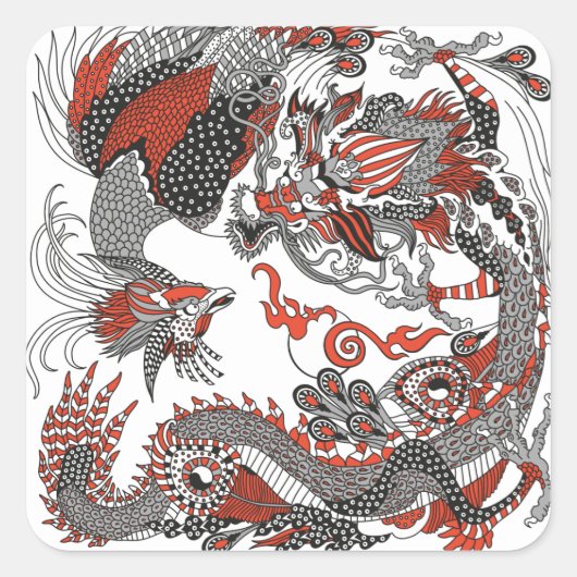 Jade Dragon and Gold Phoenix playing with a pearl Vierkante Sticker (Voorkant)