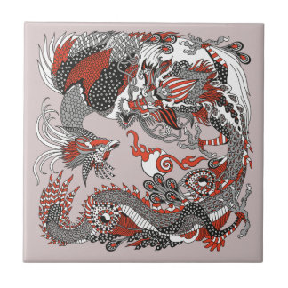 Jade Dragon en Gold Phoenix spelen met een parel Tegeltje