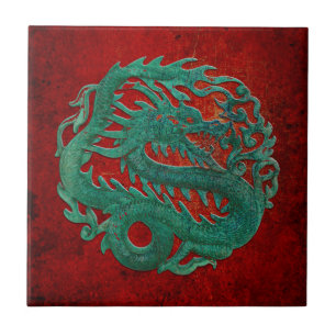 Jade Dragon op een rode achtergrond Tegeltje