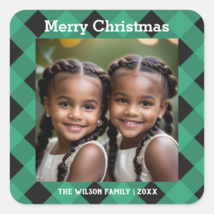 Jade Green Buffalo Plaid Aangepaste Foto Kerstmis Vierkante Sticker