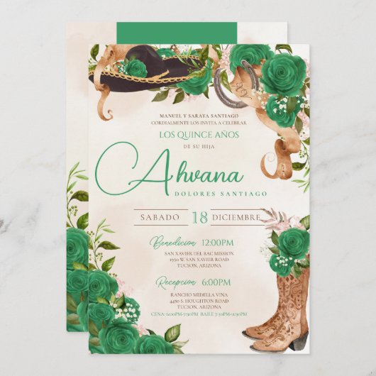 Jade Green Charro Quinceañera Land Western Kaart (Voorkant / Achterkant)