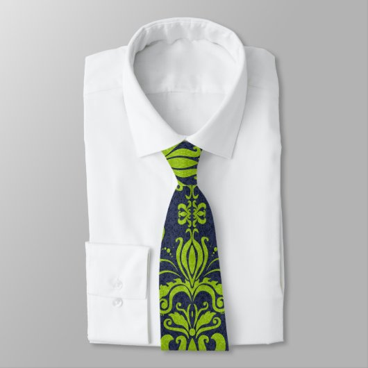 Jade Green en Navy Damask Swirl Monogram Stropdas (Gebonden)