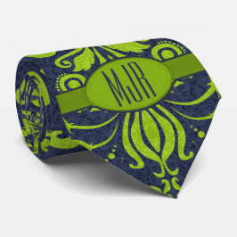 Jade Green en Navy Damask Swirl Monogram Stropdas