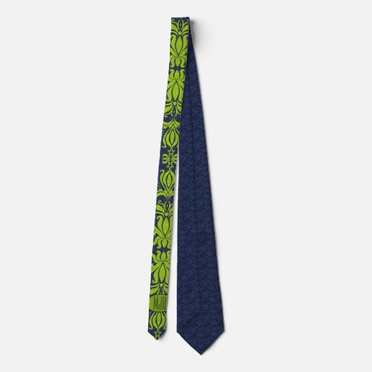 Jade Green en Navy Damask Swirl Monogram Stropdas (Achterkant)