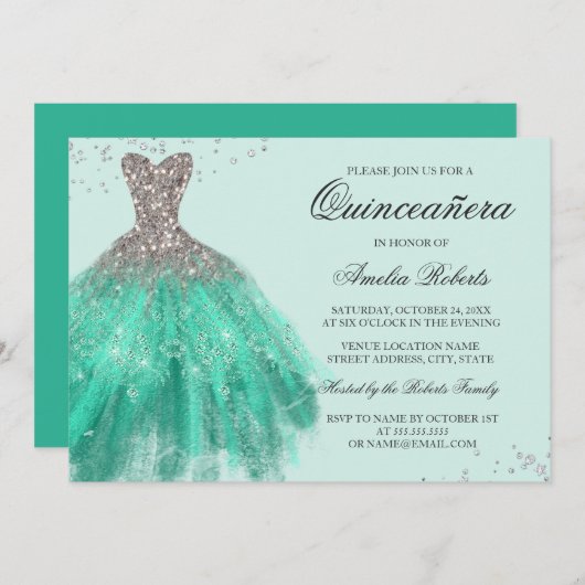Jade Green Sparkle robe Quinceanera Invitation (Devant / Derrière)