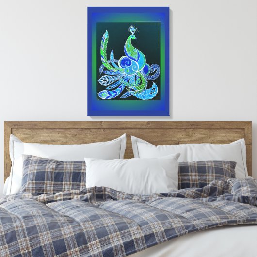 Jade Majesty Elegante Groene en blauwe pauw Canvas Afdruk (Insitu (Slaapkamer))